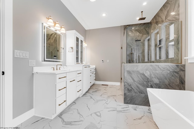 bathroom featuring shower with separate bathtub and vanity