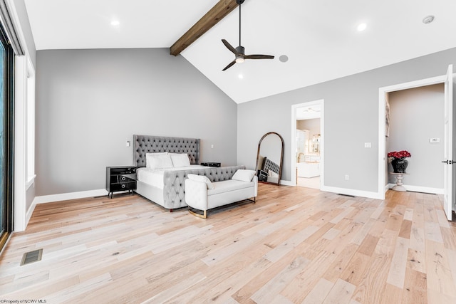 unfurnished bedroom featuring high vaulted ceiling, ceiling fan, light wood-type flooring, and beamed ceiling