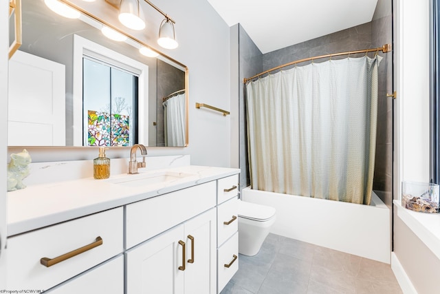 full bathroom featuring toilet, shower / bath combo, and vanity