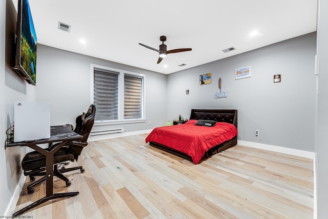 bedroom featuring ceiling fan and light hardwood / wood-style flooring