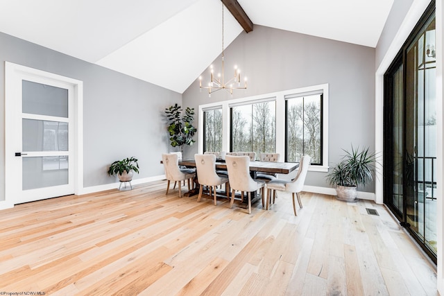 dining room with light wood-type flooring, a notable chandelier, and lofted ceiling with beams