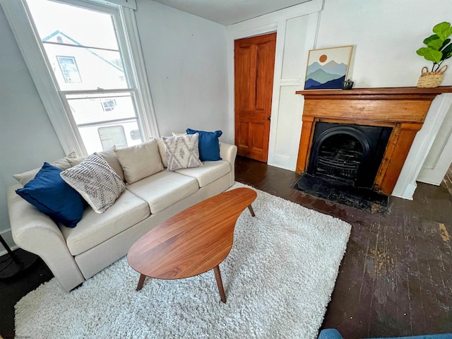 living room with dark hardwood / wood-style floors