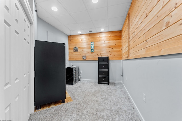 miscellaneous room featuring light colored carpet and wood walls