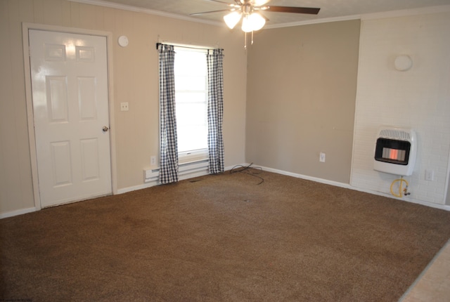 9412 Morgantown Pike, Philippi, WV 26416 - unfurnished living room featuring crown molding, carpet, a ceiling fan, baseboards, and heating unit