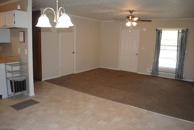 9412 Morgantown Pike, Philippi, WV 26416 - unfurnished living room featuring light carpet, ceiling fan with notable chandelier, crown molding, and baseboards