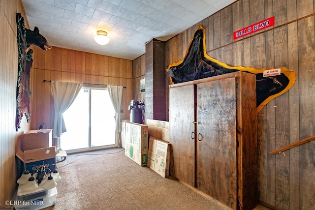 interior space featuring carpet flooring and wood walls