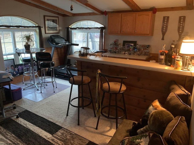 bar with light colored carpet, plenty of natural light, and beamed ceiling