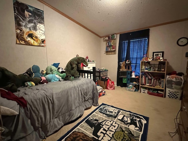 bedroom with a textured ceiling, ornamental molding, lofted ceiling, and carpet floors