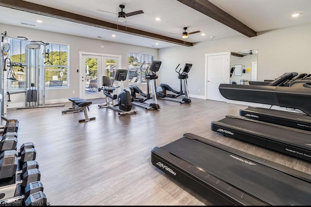 gym with french doors, ceiling fan, and wood-type flooring