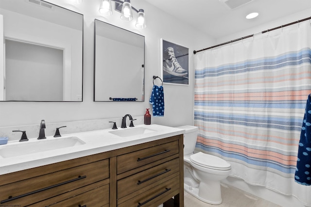 full bathroom with toilet, vanity, and shower / bathtub combination with curtain