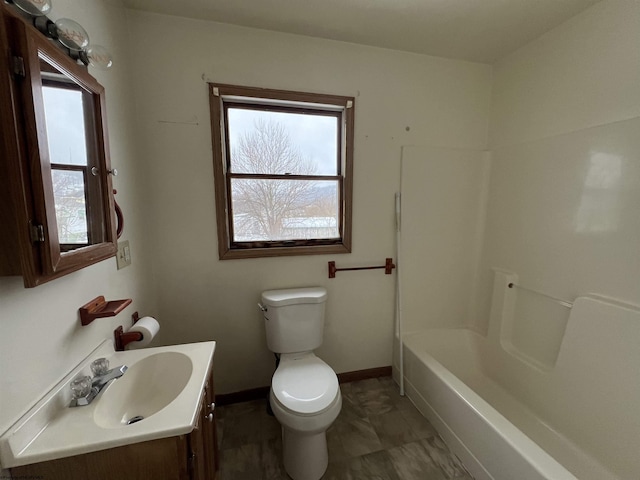 full bathroom featuring plenty of natural light, shower / tub combination, toilet, and vanity