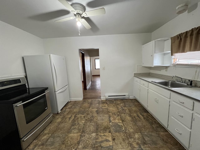 kitchen featuring a baseboard radiator, white cabinetry, sink, stainless steel electric range oven, and ceiling fan