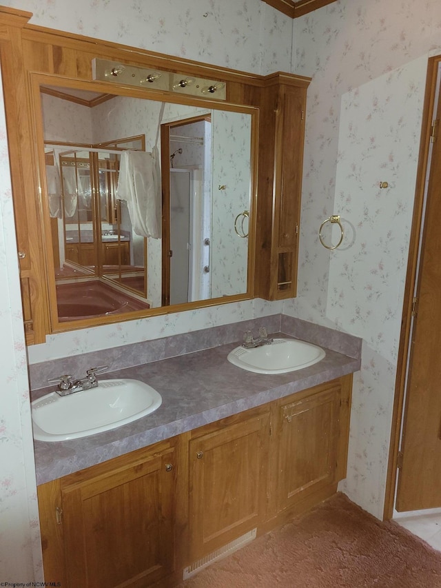 bathroom featuring a shower with shower door and vanity