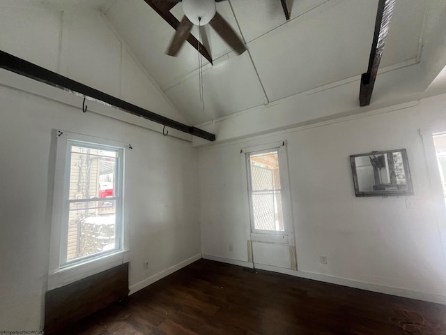 spare room with high vaulted ceiling, beamed ceiling, dark hardwood / wood-style flooring, and ceiling fan