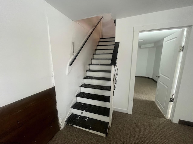 staircase featuring carpet