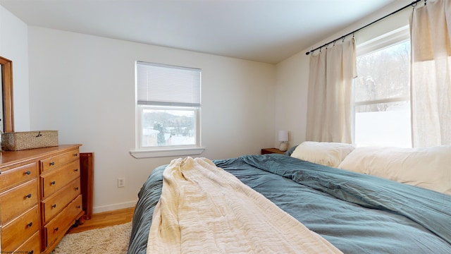 bedroom featuring light hardwood / wood-style floors and multiple windows