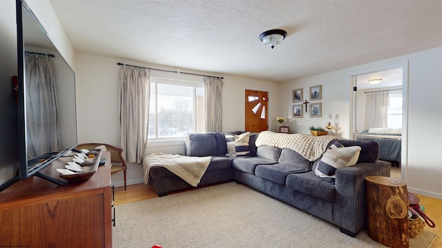 living room featuring a textured ceiling and light hardwood / wood-style flooring