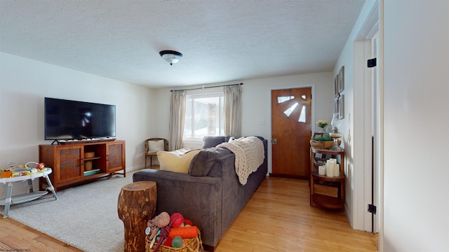 living room featuring light wood-type flooring and a textured ceiling