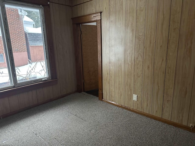 spare room featuring light colored carpet, plenty of natural light, and wooden walls