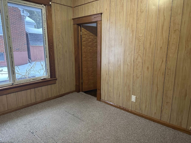 empty room with light colored carpet and wood walls