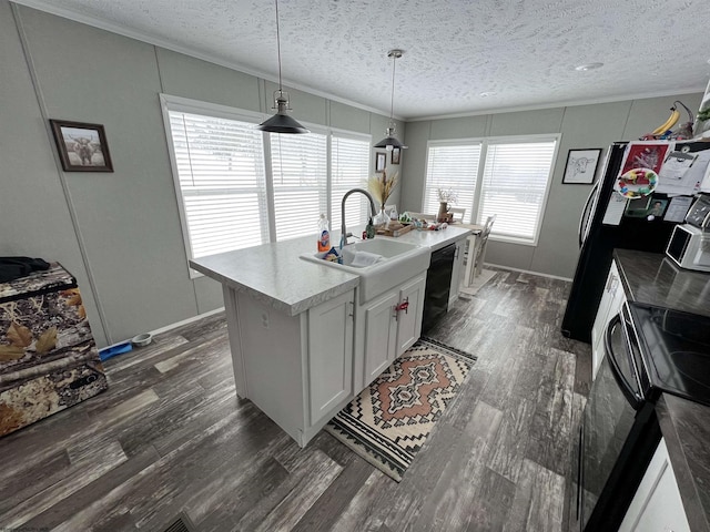 kitchen with a center island with sink, dark wood finished floors, decorative light fixtures, black appliances, and a sink