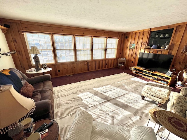 living room with wood walls and a textured ceiling