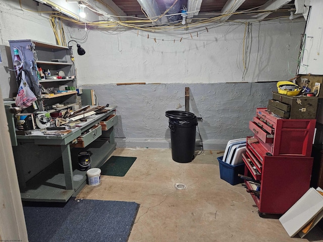 basement with a workshop area