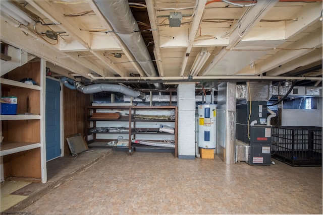 basement with heating unit and water heater