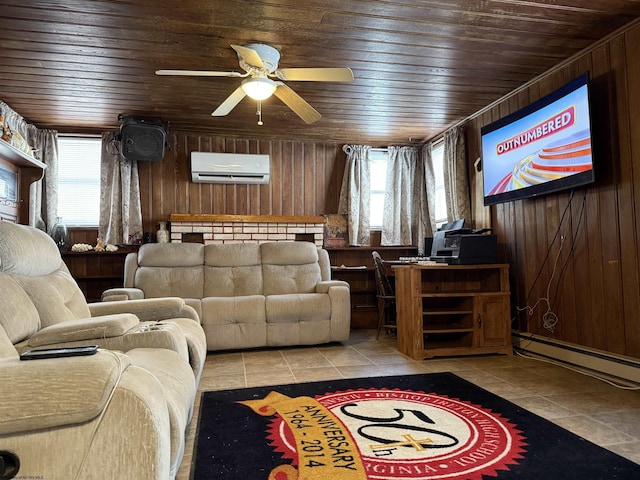 unfurnished living room featuring a wall mounted AC, wood ceiling, and wood walls