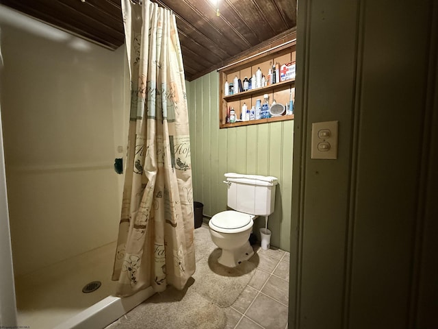 bathroom with wood walls, toilet, curtained shower, and wooden ceiling