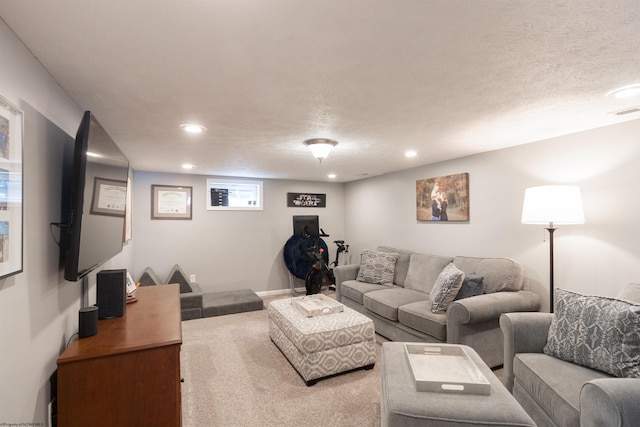 living room featuring carpet flooring and a textured ceiling