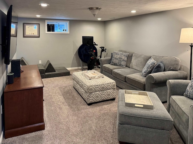 living room with carpet and a textured ceiling