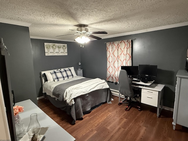 bedroom featuring crown molding, ceiling fan, dark wood-type flooring, and a textured ceiling