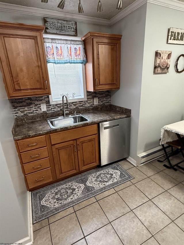 kitchen featuring sink, light tile patterned floors, ornamental molding, dishwasher, and backsplash