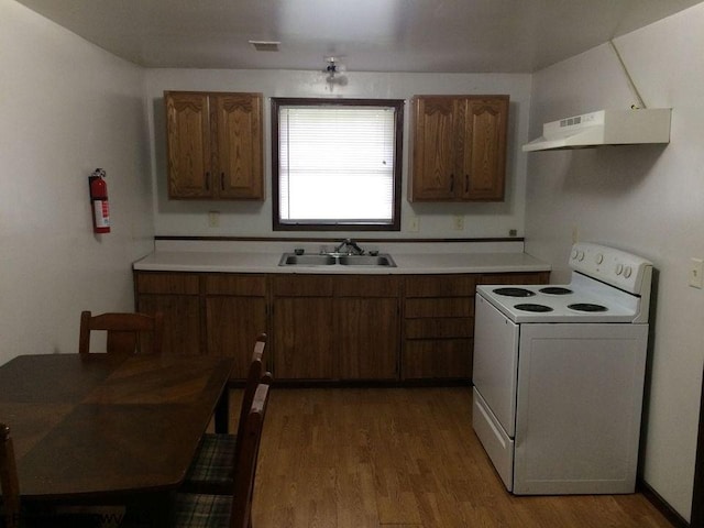 kitchen featuring wood-type flooring, white electric range oven, and sink