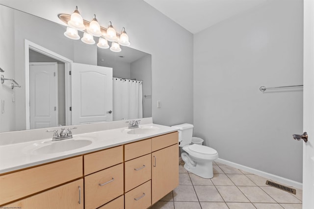 bathroom featuring tile patterned flooring, vanity, a shower with curtain, and toilet