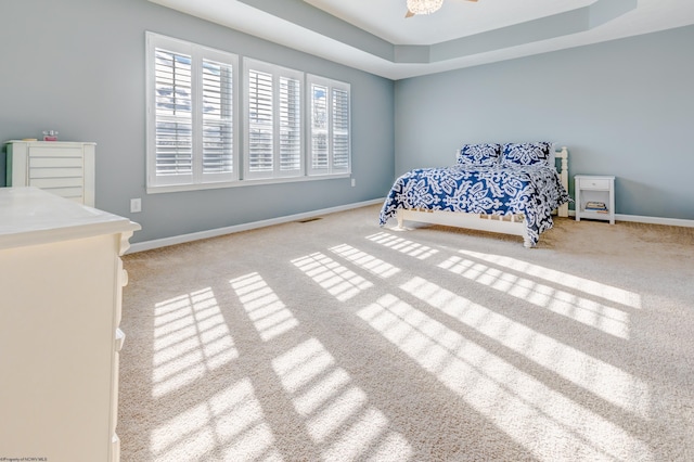 unfurnished bedroom with a raised ceiling and light carpet