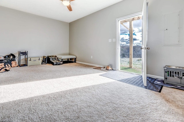 misc room featuring ceiling fan, plenty of natural light, electric panel, and carpet