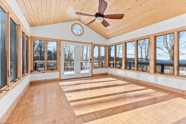 unfurnished sunroom with ceiling fan, lofted ceiling, and wood ceiling