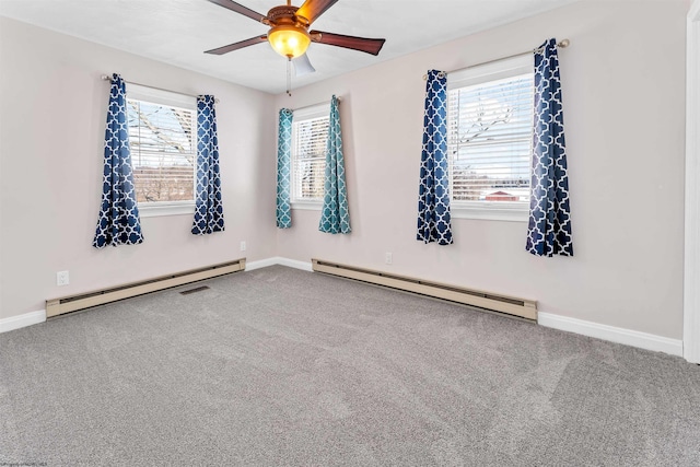 unfurnished room with a baseboard radiator, carpet flooring, and ceiling fan