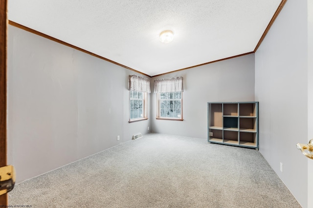 carpeted spare room featuring crown molding and a textured ceiling