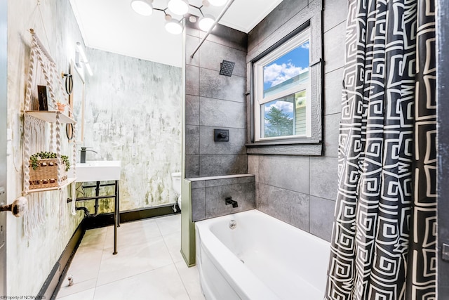 bathroom with tile walls, a notable chandelier, shower / tub combo, toilet, and tile patterned floors