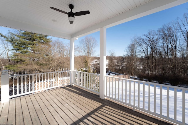 snow covered deck featuring ceiling fan