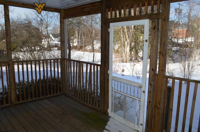 view of snow covered deck