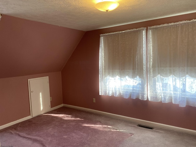 bonus room featuring lofted ceiling, carpet floors, and a textured ceiling