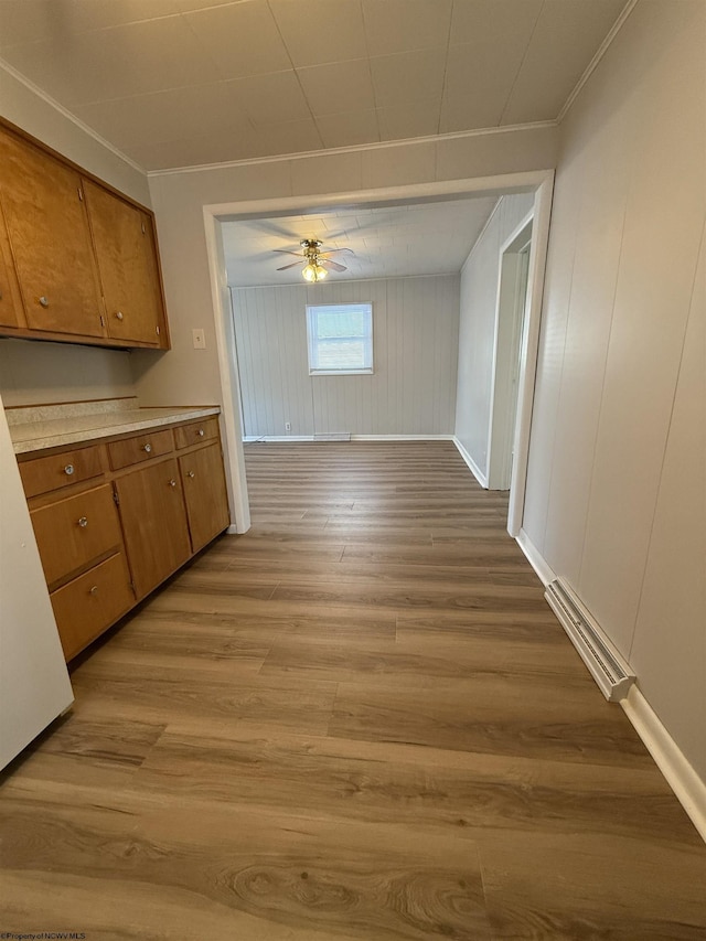 kitchen featuring ornamental molding, ceiling fan, and light hardwood / wood-style flooring