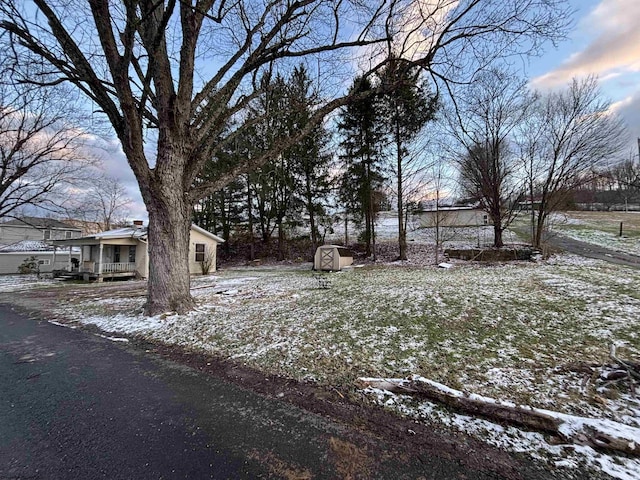 snowy yard with a porch and a storage unit