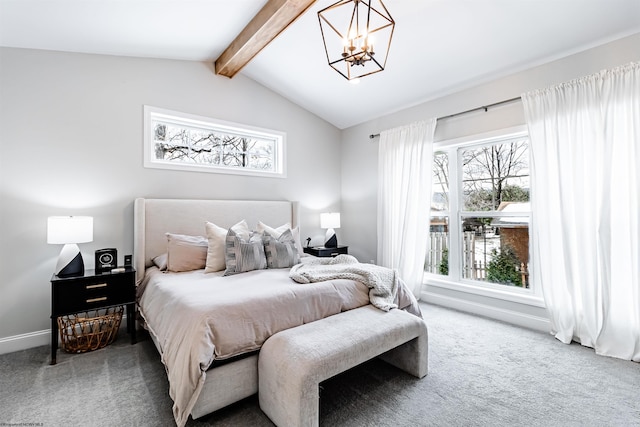 bedroom featuring carpet flooring, a chandelier, and vaulted ceiling with beams