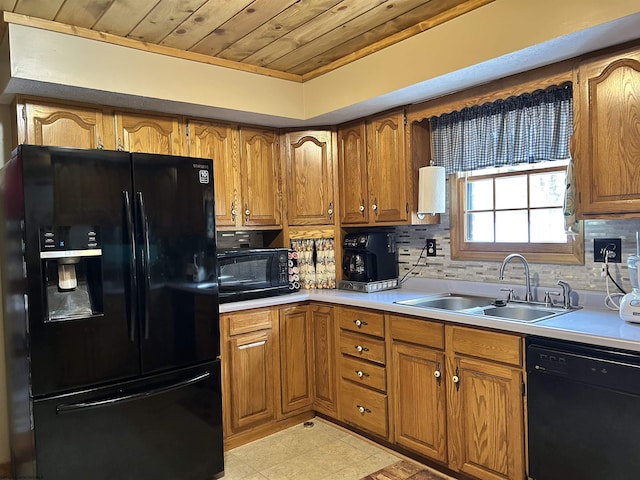 kitchen featuring sink, backsplash, wood ceiling, and black appliances