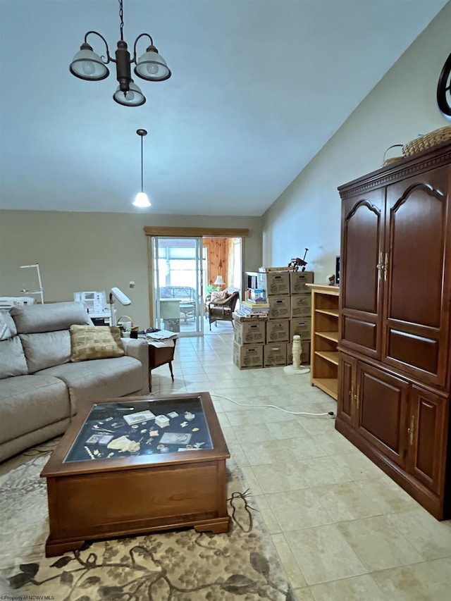 living room featuring lofted ceiling